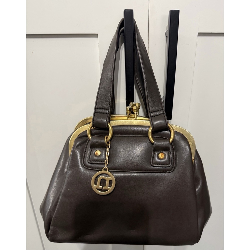 Vtg Necessary Objects Kiss Lock Brown Vegan Leather Handbag Purse